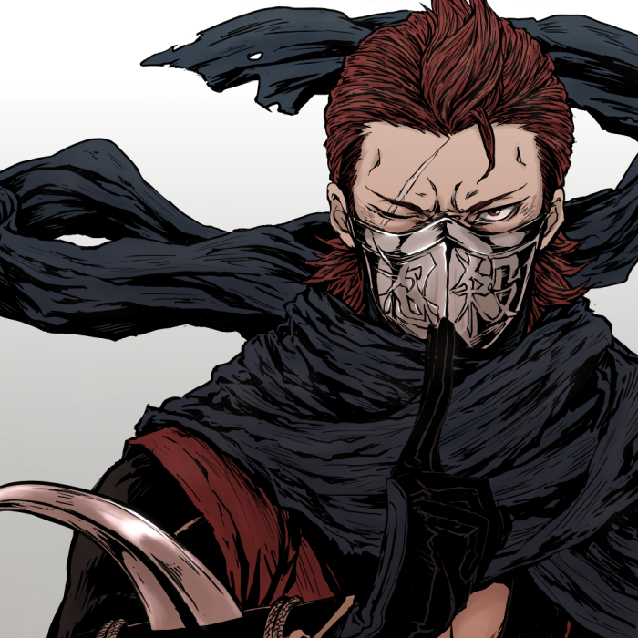 1boy, arm_blade, fe_baragaki05, fire_emblem, fire_emblem_fates, gloves, male_focus, manly, mask, ninja, ninja_slayer, nintendo, one_eye_closed, parody, red_eyes, red_hair, saizo_(fire_emblem), scar, scar_across_eye, scar_on_face, scarf, simple_background, solo, weapon, white_background