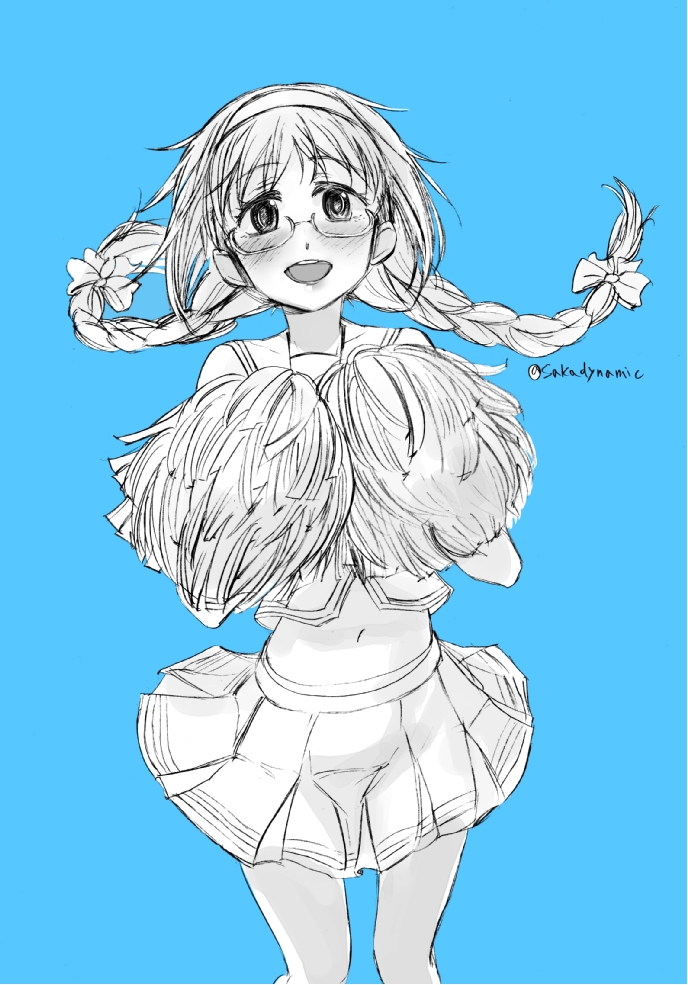 10s, 1girl, :d, akemi_homura, braid, cheerleader, danaka, female_focus