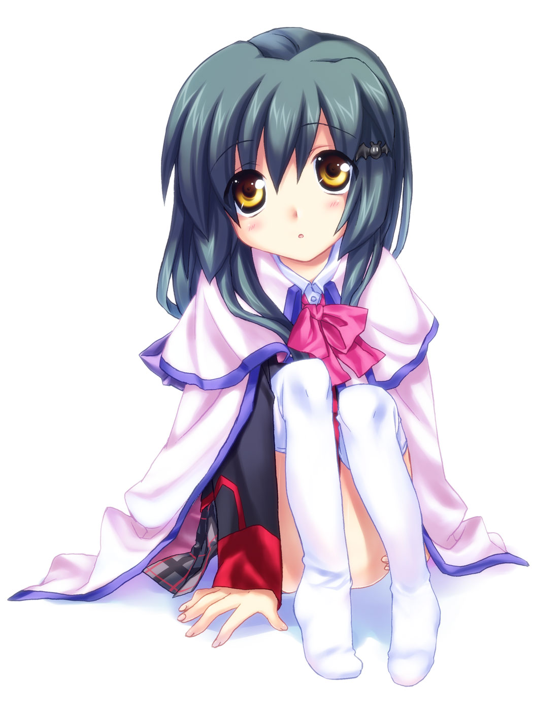 1girl, bow, brown_eyes, cape, clannad, company_connection, cosplay, feet, female_focus, highres, ibuki_fuuko, key_(company), little_busters!, noumi_kudryavka, noumi_kudryavka_(cosplay), pink_bow, satomi_yoshitaka, school_uniform, serafuku, short_hair, socks, solo, thighhighs