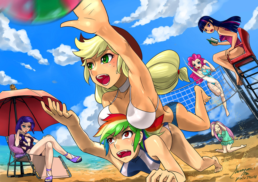 6+girls, applejack, ball, beach_volleyball, beachball, blue_eyes, commentary_request, fluttershy, green_eyes, hertro, highres, multicolored_hair, multiple_girls, my_little_pony, my_little_pony:_equestria_girls, my_little_pony:_friendship_is_magic, personification, pink_eyes, pink_hair, pinkie_pie, playing_sports, princess_twilight_sparkle, purple_eyes, rainbow_dash, rainbow_hair, rarity_(my_little_pony), swimsuit, twilight_sparkle, volleyball, volleyball_(object)