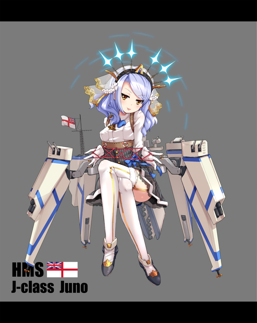 1girl, :p, blue_hair, brown_eyes, cannon, female_focus, flag, headgear