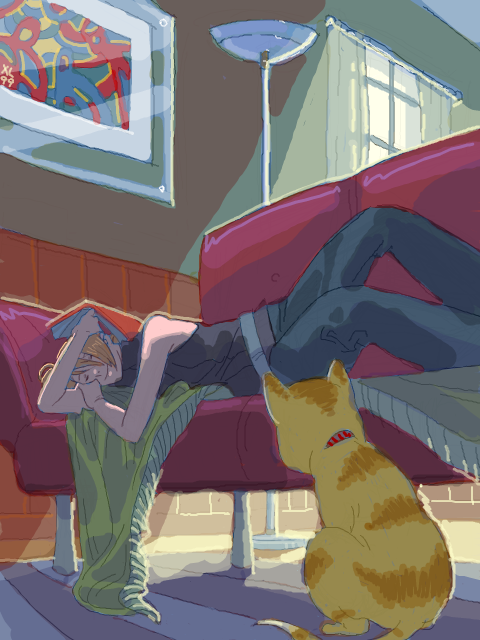 1girl, bare_shoulders, belt, blonde_hair, cat, couch, unworn_eyewear, glasses