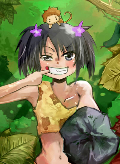1girl, animal, black_hair, monkey, prehistoric, snake