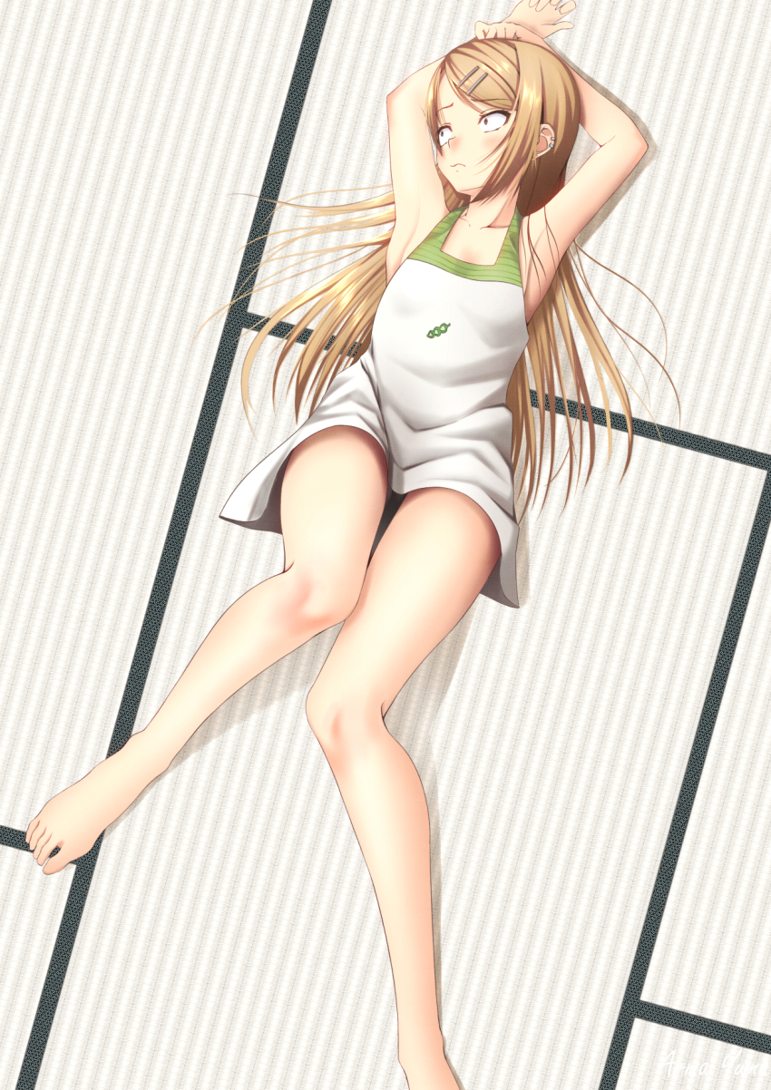 10s, 1girl, alma_yuma, apron, armpits, arms_behind_head, barefoot, brown_hair, dagashi_kashi, ear_piercing, endou_saya, feet, female_focus, highres, legs, long_hair, looking_to_the_side, lying, on_back, piercing, sanpaku, solo, tatami