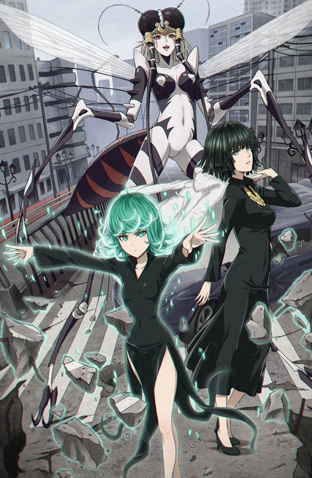 3girls, antennae, arthropod_girl, aura, black_hair, breasts, building, city, covered_navel, dress, floating_rocks, fubuki_(one-punch_man), green_eyes, green_hair, grey_hair, high_heels, insect_wings, jewelry, lamppost, lipstick, looking_at_viewer, makeup, monster_girl, mosquito_girl, mosquito_musume, multiple_girls, navel, necklace, one-punch_man, open_mouth, orange_eyes, railing, red_eyes, short_hair, siblings, side_slit, sisters, small_breasts, standing, tatsumaki, telekinesis, utility_pole, wings, yara_kami_meiosei