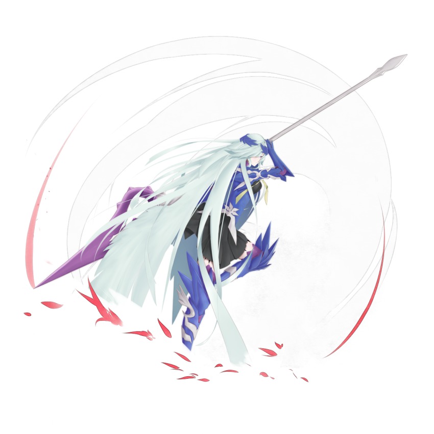 1girl, armor, blue_hair, boots, breasts, brynhild_(fate), dress, fate/prototype