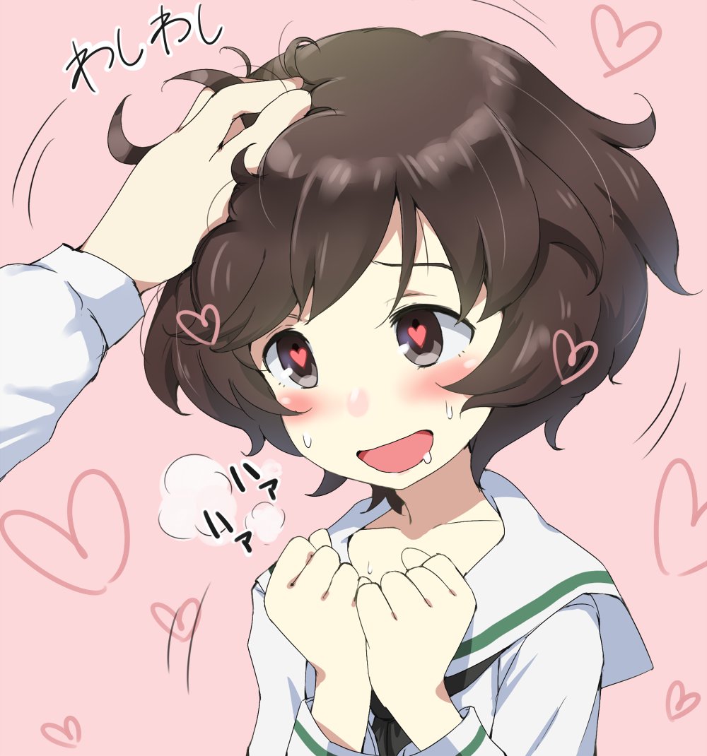 10s, 1girl, akiyama_yukari, blush, brown_hair, gedou_(ge_ge_gedou), girls_und_panzer, ruffling_hair