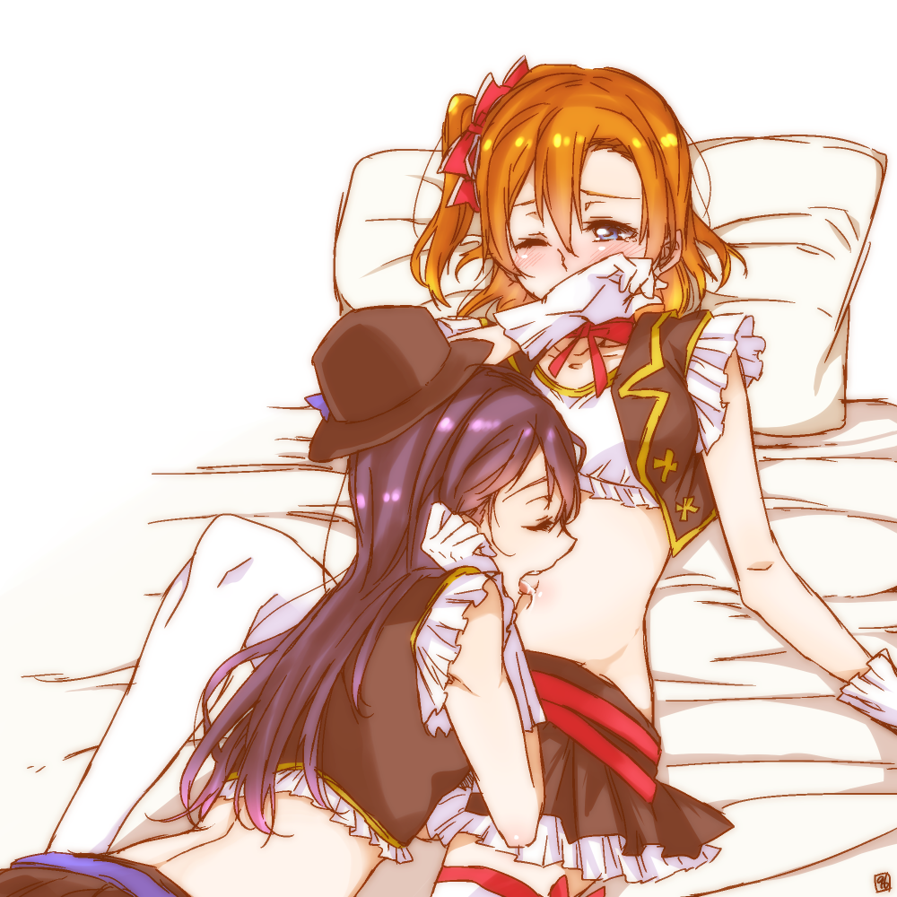 10s, 2girls, adjusting_hair, blue_hair, blush, brown_hair, covering_own_mouth, gloves, hand_over_own_mouth, kosaka_honoka, kurosuke_(yekyy), licking, licking_navel, licking_stomach, long_hair, love_live!, love_live!_school_idol_project, midriff, multiple_girls, navel, no_brand_girls, one_eye_closed, pillow, saliva, side_ponytail, skirt, sonoda_umi, thighhighs, white_gloves, yuri