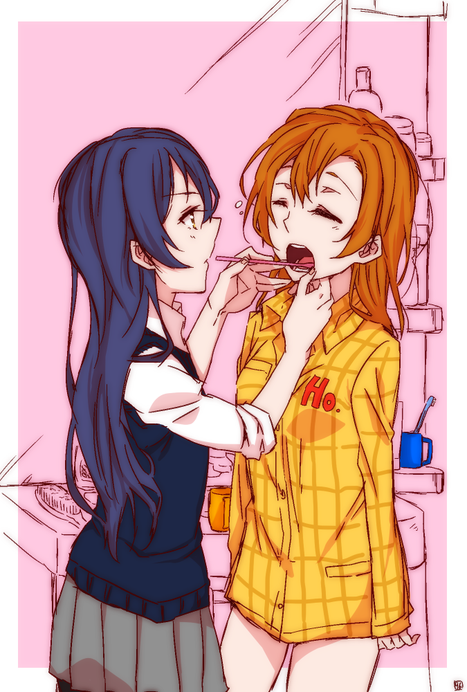 10s, 2girls, blue_hair, brown_hair, brushing_teeth, dress_shirt, kosaka_honoka, kurosuke_(yekyy), long_hair, love_live!, love_live!_school_idol_project, multiple_girls, no_pants, shirt, skirt, sleepy, sonoda_umi, toothbrush, vest, yellow_eyes