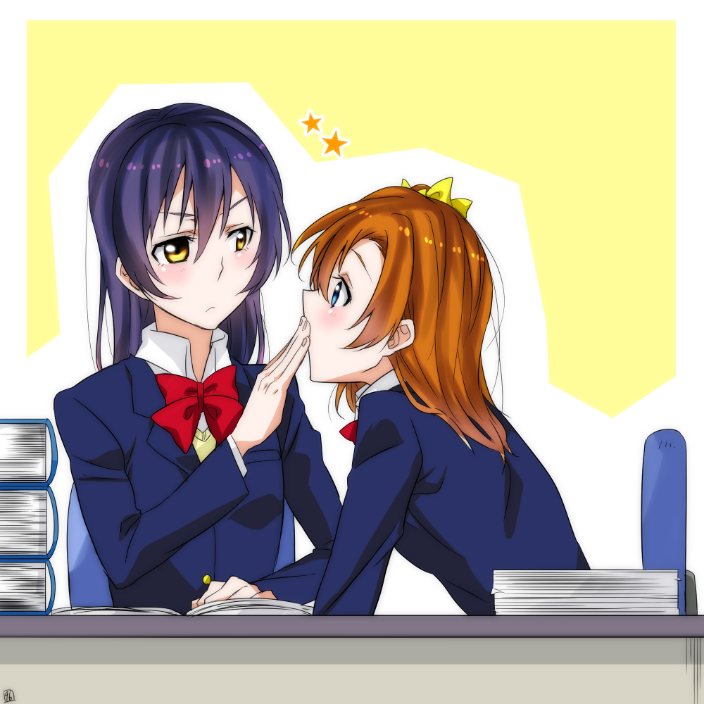 10s, 2girls, blazer, blue_eyes, blue_hair, book, bow, brown_hair