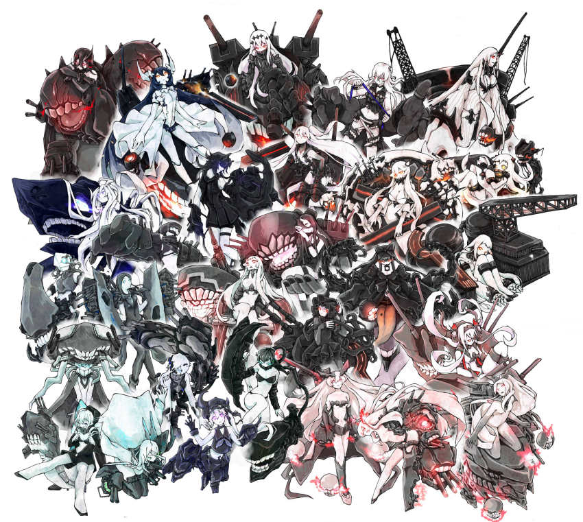 10s, 6+girls, :d, abyssal_ship, ahoge, air_defense_princess, aircraft_carrier_princess, aircraft_carrier_water_oni
