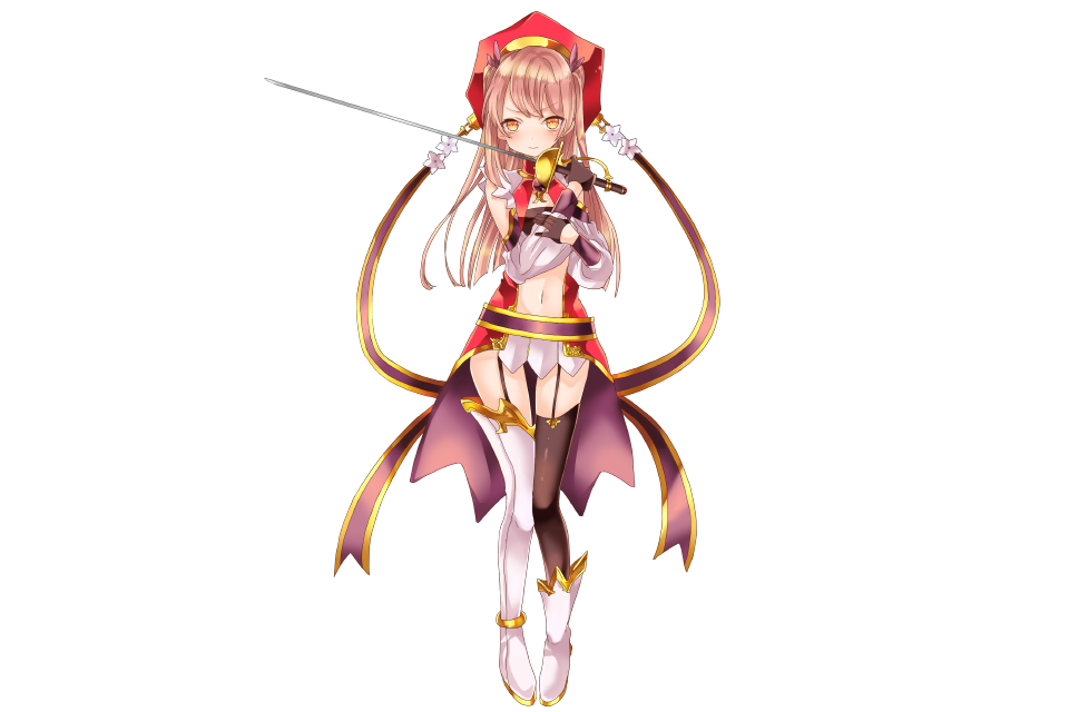 1girl, brown_hair, dipladenia_(flower_knight_girl), female_focus, flower_knight_girl, long_hair, looking_at_viewer, navel, official_art, piko_(domokonchi), rapider, solo, thighhighs, weapon