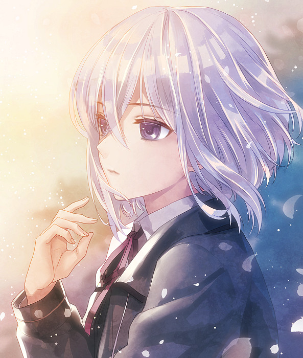 10s, 1boy, honebami_toushirou, male_focus, parted_lips, personification, petals, purple_eyes