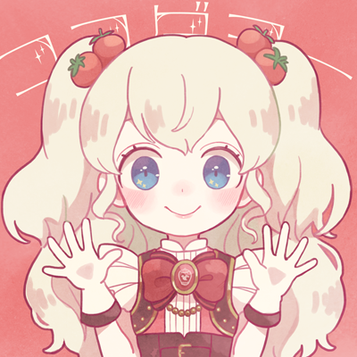 1girl, aidi_(otoca_d'or), aidi_(otoca_d'or)_(cosplay), blue_eyes, bow, brooch, coco_(otoca_d'or), cosplay, female_focus, food-themed_hair_ornament, frills, gloves, hair_ornament, jewelry, long_hair, looking_at_viewer, lowres, mikuni_(open-ranka), otoca_d'or, red_background, red_bow, smile, solo, strawberry_hair_ornament, two_side_up, upper_body, white_gloves, white_hair