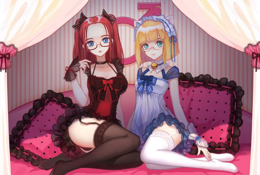2boys, 2girls, :3, ahoge, animal_ears, aqua_eyes, babydoll, bell, black-framed_eyewear, black_bow, black_legwear, black_panties, black_ribbon, blonde_hair, blue_bow, blue_eyes, blue_ribbon, blunt_bangs, bob_cut, bow, breasts, cat_ears, chemise, choker, cleavage, collarbone, crossdressing, curtains, frilled_choker, frilled_pillow, frills, full_body, garter_straps, glasses, hair_bow, hairband, highres, jingle_bell, lace_trim, long_hair, looking_at_viewer, mars_symbol, multiple_boys, multiple_girls, neck_bell, neeta, no_shoes, original, panties, pantyshot, parted_lips, pillow, pink_lips, polka_dot, polka_dot_pillow, red_bow, red_hair, red_lips, red_ribbon, ribbon, rimless_eyewear, see-through_clothes, short_hair, sitting, small_breasts, smile, striped_background, striped_bow, thighhighs, trap, two_side_up, underwear, white_bow, white_legwear