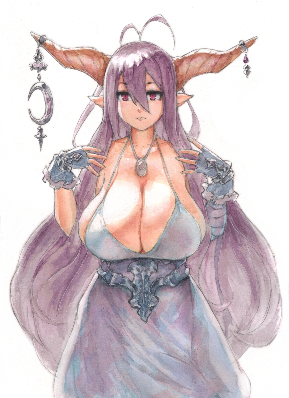 10s, 1girl, ahoge, breasts, cleavage, danua, draph, eu03, female_focus, granblue_fantasy, highres, horns, huge_breasts, jewelry, looking_at_viewer, necklace, painting_(medium), pointy_ears, purple_eyes, sagging_breasts, solo, strap_gap, traditional_media, watercolor_(medium)