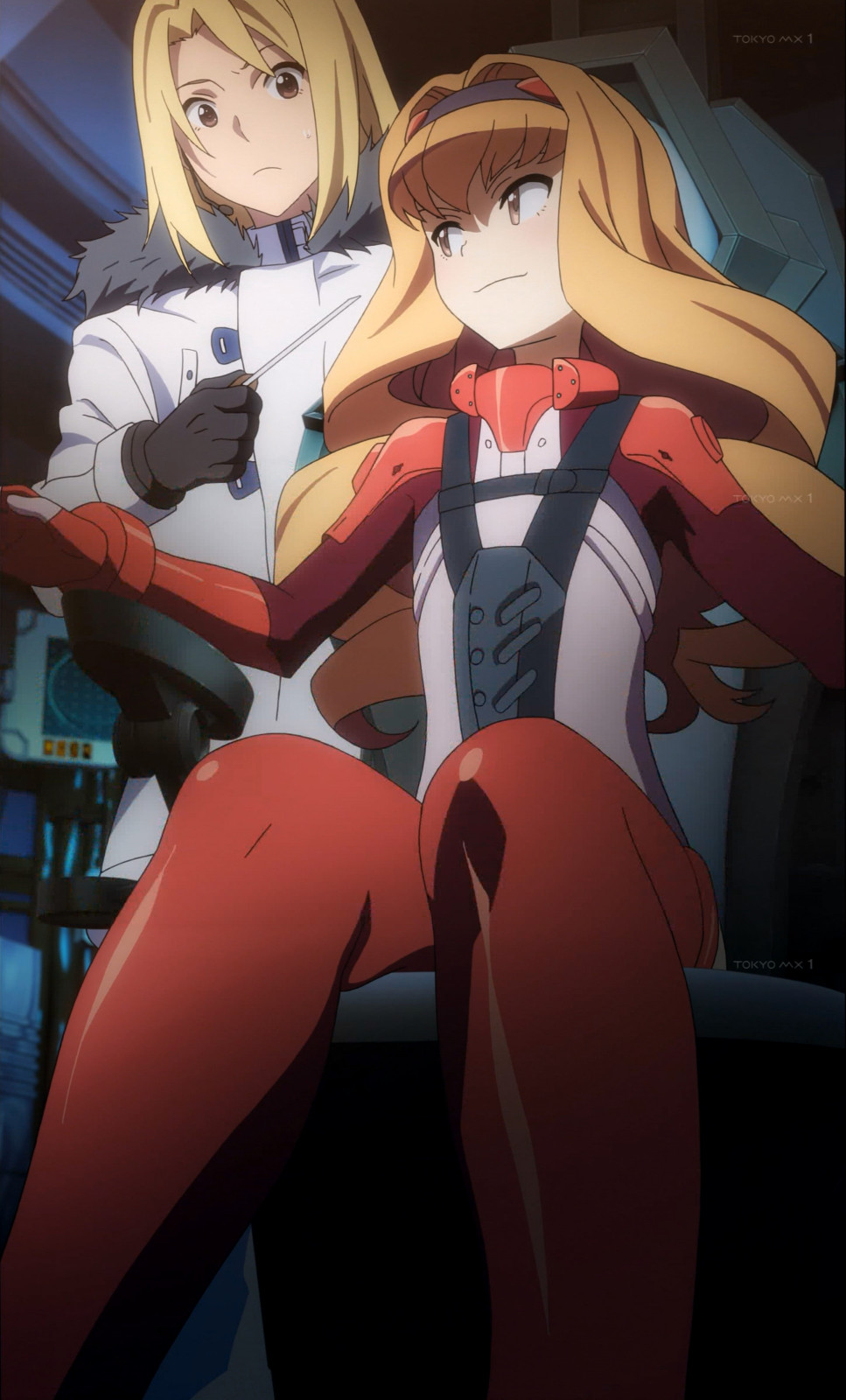 10s, 1boy, 1girl, anime_screenshot, armor, blonde_hair, bodysuit, bracer