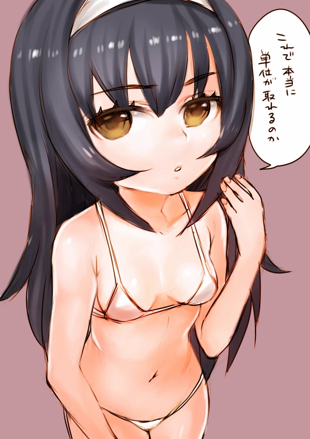 10s, bikini, black_hair, brown_eyes, girls_und_panzer, hairband, highres, kutouten, long_hair, micro_bikini, perspective, reizei_mako, solo, swimsuit, translation_request