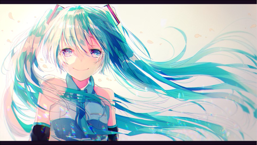 1girl, aqua_eyes, aqua_hair, detached_sleeves, female_focus, gradient_background, green_eyes, grey_background