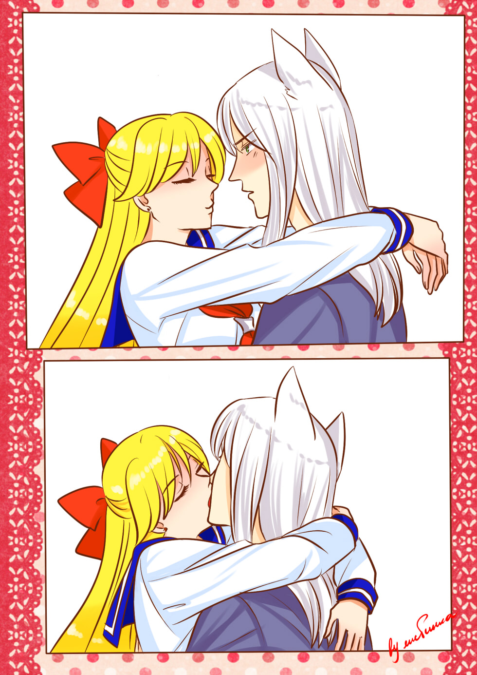 1boy, 1girl, 2koma, aino_minako, animal_ears, arms_around_neck, artemis_(sailor_moon), artemis_(sailor_moon)_(human)