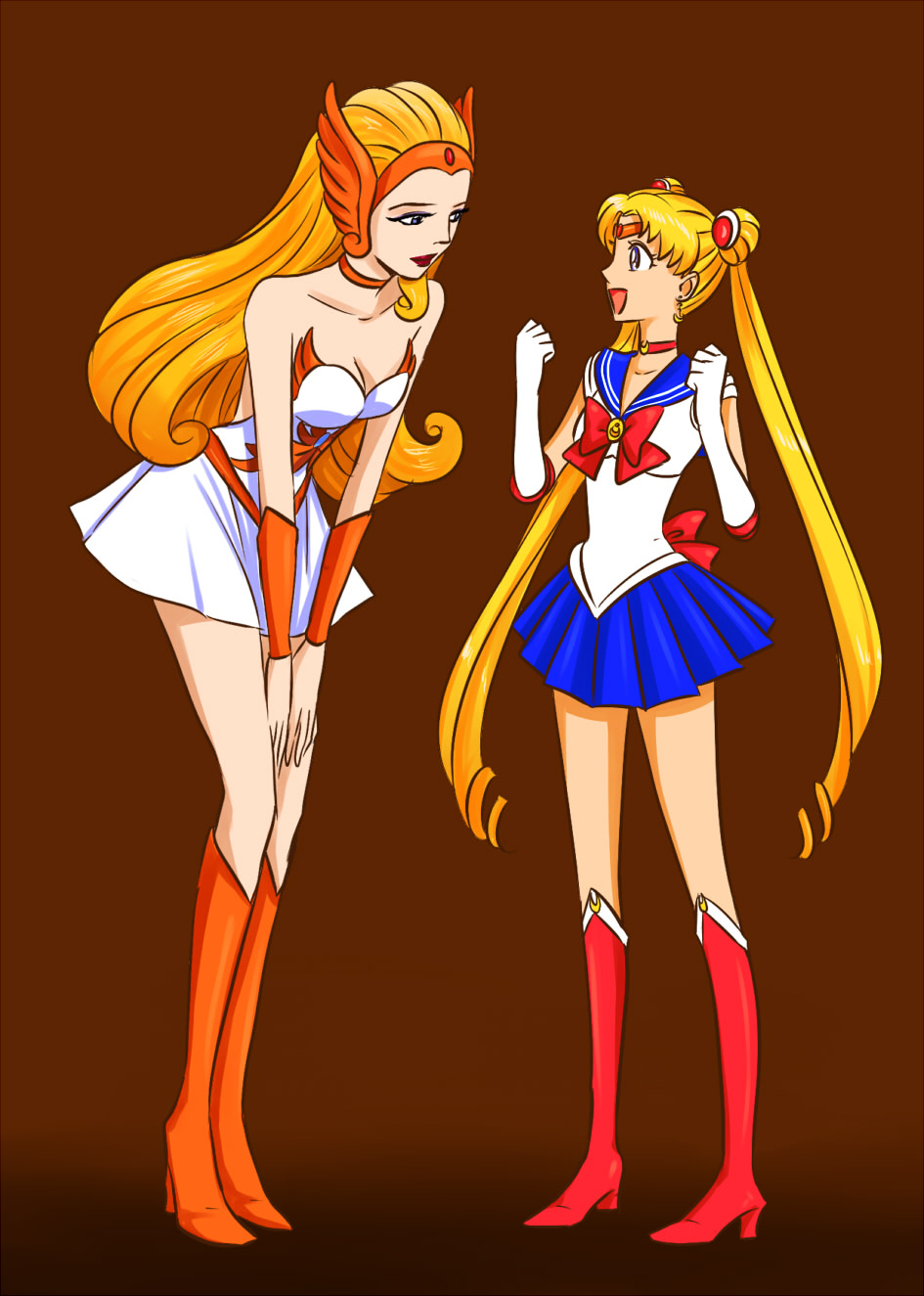 2girls, bare_shoulders, bishoujo_senshi_sailor_moon, blonde_hair, blue_eyes, blue_sailor_collar, blue_skirt, boots, breasts, brooch, brown_background, choker, cleavage, clenched_hands, crescent, crescent_earrings, crossover, double_bun, dress, earrings, elbow_gloves, full_body, gloves, hair_bun, hair_ornament, happy, headgear, high_heel_boots, high_heels, highres, jewelry, leaning, leaning_forward, lipstick, lisginka, long_hair, magical_girl, makeup, masters_of_the_universe, medium_breasts, miniskirt, multiple_girls, neck, necklace, open_mouth, orange_boots, pleated_skirt, red_footwear, red_lips, ribbon, sailor_collar, sailor_moon, she-ra_(character)_(princess_of_power), she-ra_princess_of_power, simple_background, size_difference, skirt, smile, standing, strapless, strapless_dress, tiara, triangle_mouth, tsukino_usagi, twintails, vambraces, very_long_hair, white_gloves