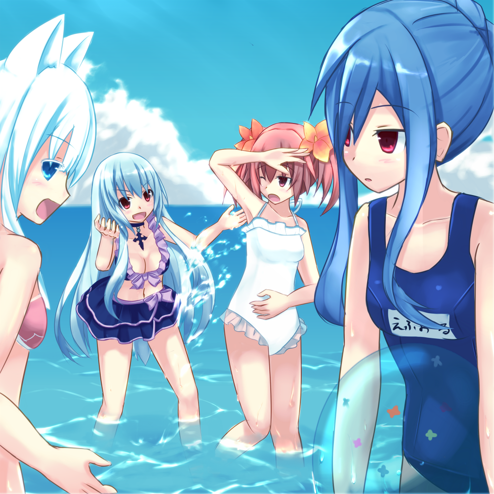 4girls, alyn_(fairy_fencer_f), animal_ears, ball, bare_shoulders, beachball, breasts, day