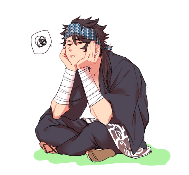 10s, 1boy, :t, bad_id, bad_pixiv_id, bandages, bandaged_arm, bandana