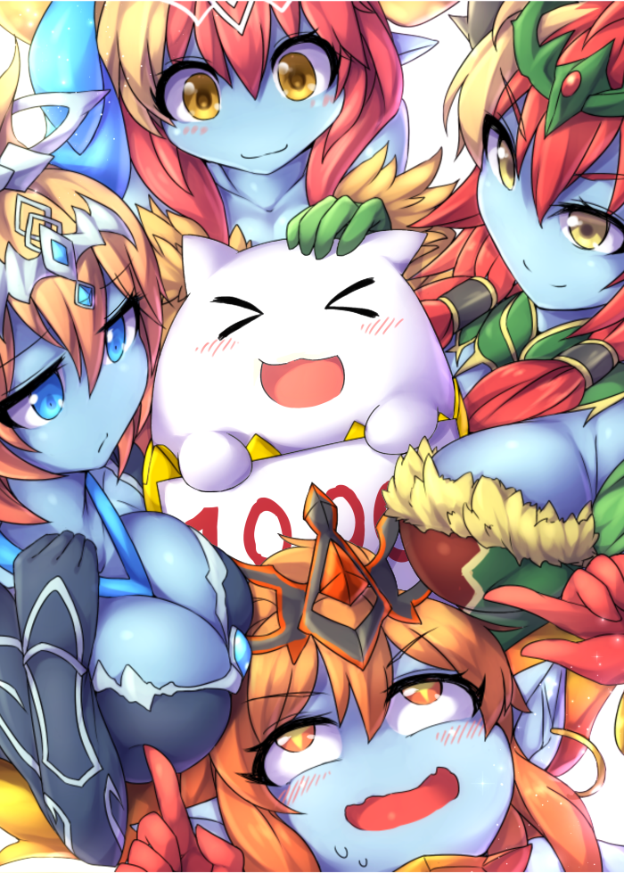 >_<, +_+, 4girls, :d, between_breasts, blonde_hair, blue_eyes, blue_skin