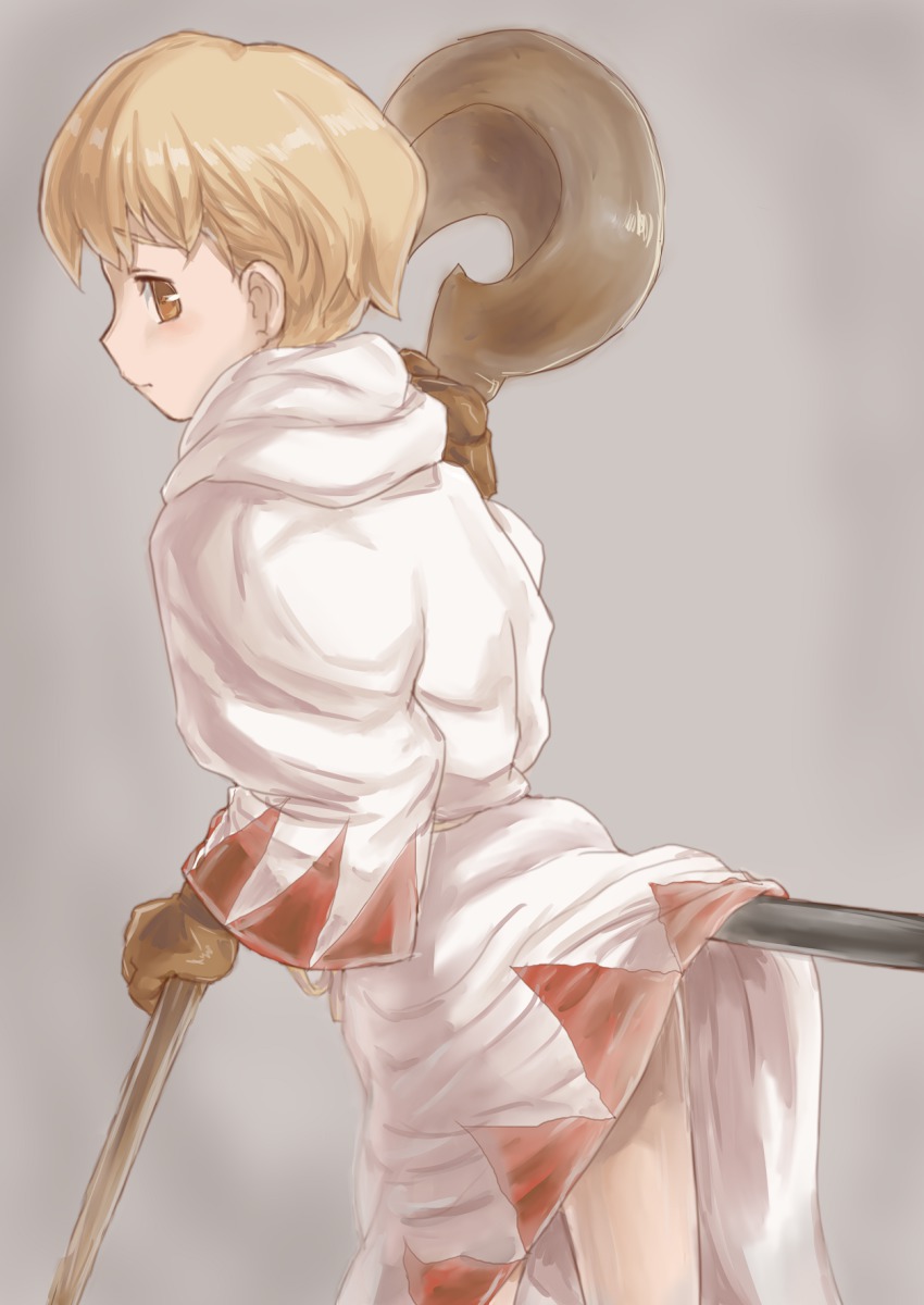 1boy, bad_id, bad_pixiv_id, blonde_hair, blush, final_fantasy, final_fantasy_tactics, gloves, highres, hood, mashu_mayuko, robe, simple_background, staff, weapon, white_mage, white_mage_(fft), white_mage_(final_fantasy)