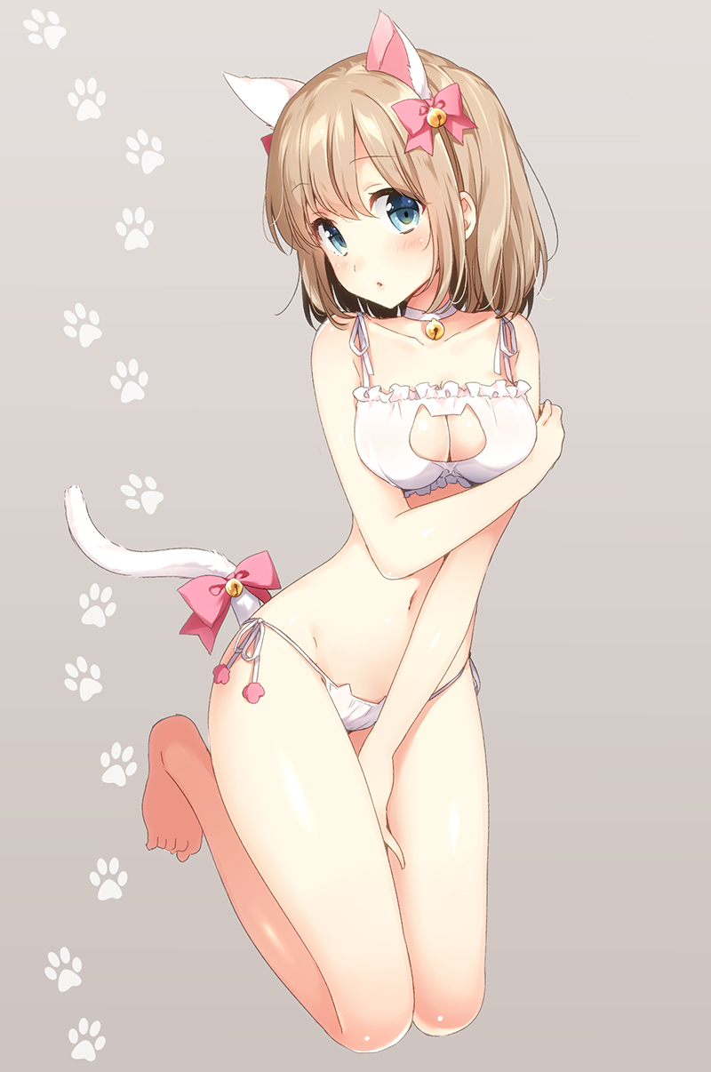 1girl, animal_ears, barefoot, bell, blush, bow, bra, breasts, brown_hair, cat_cutout, cat_ear_panties, cat_ears, cat_lingerie, cat_tail, cleavage, cleavage_cutout, clothing_cutout, collar, collarbone, female_focus, full_body, hair_bow, highres, jingle_bell, kneeling, long_hair, masuishi_kinoto, medium_breasts, navel, neck_bell, original, panties, shima_(shima_je), short_hair, side-tie_panties, simple_background, solo, tail, underwear, white_bra, white_panties
