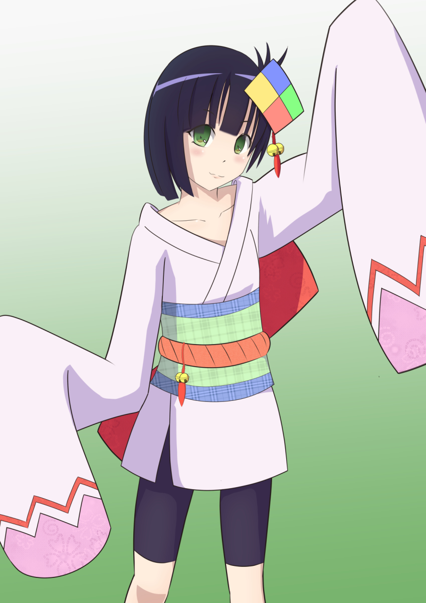 10s, bike_shorts, commentary_request, cyborg, gradient_background, green_background, green_eyes, highres