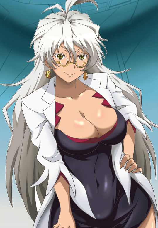 10s, 1girl, banboro_(technobot), breasts, cleavage, commentary_request, covered_navel, curvy, earrings, female_focus, glasses, green_eyes, jewelry, koukaku_no_pandora, lab_coat, large_breasts, long_hair, looking_at_viewer, silver_hair, smile, solo, uzal_delilah, wide_hips