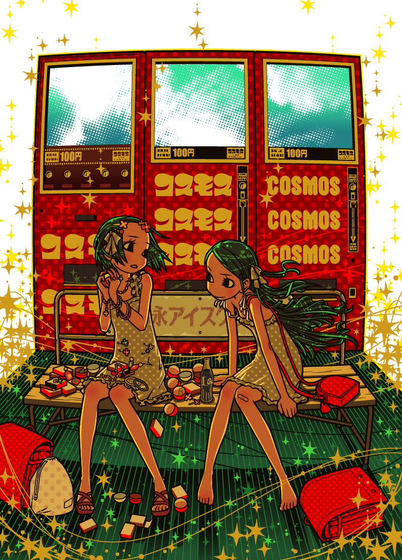 2girls, backpack, bag, bandaid, barefoot, bench, black_eyes, blush