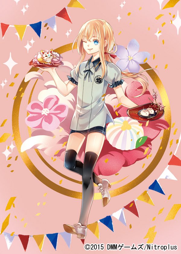 10s, 1boy, alternate_costume, black_thighhighs, blonde_hair, blouse, blue_eyes, cherry_blossoms