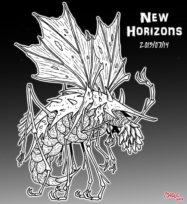 10s, 2015, artist_name, black_background, carapace, cthulhu_mythos, dated, full_body, gradient_background, greyscale, madoc, mi-go, monochrome, simple_background, spikes, spines, stinger, wings