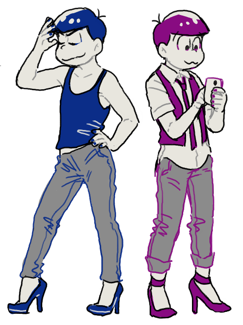 10s, 2boys, :3, blue_hair, blue_nails, brothers, cellphone, closed_eyes, denim, high_heels, itokin0, jeans, male_focus, matsuno_karamatsu, matsuno_todomatsu, multiple_boys, nail_polish, necktie, osomatsu-kun, osomatsu-san, osomatsu_(series), pants, pants_rolled_up, phone, purple_hair, purple_nails, siblings, simple_background, smartphone, smile, tank_top, vest, white_background