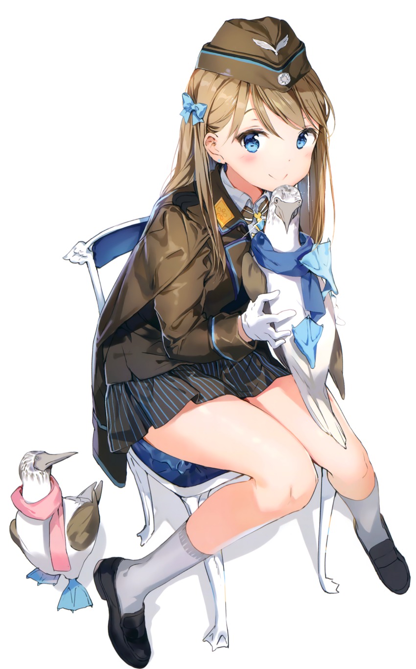 1girl, absurdres, animal, anmi, armlet, beret, bird, blue-footed_booby