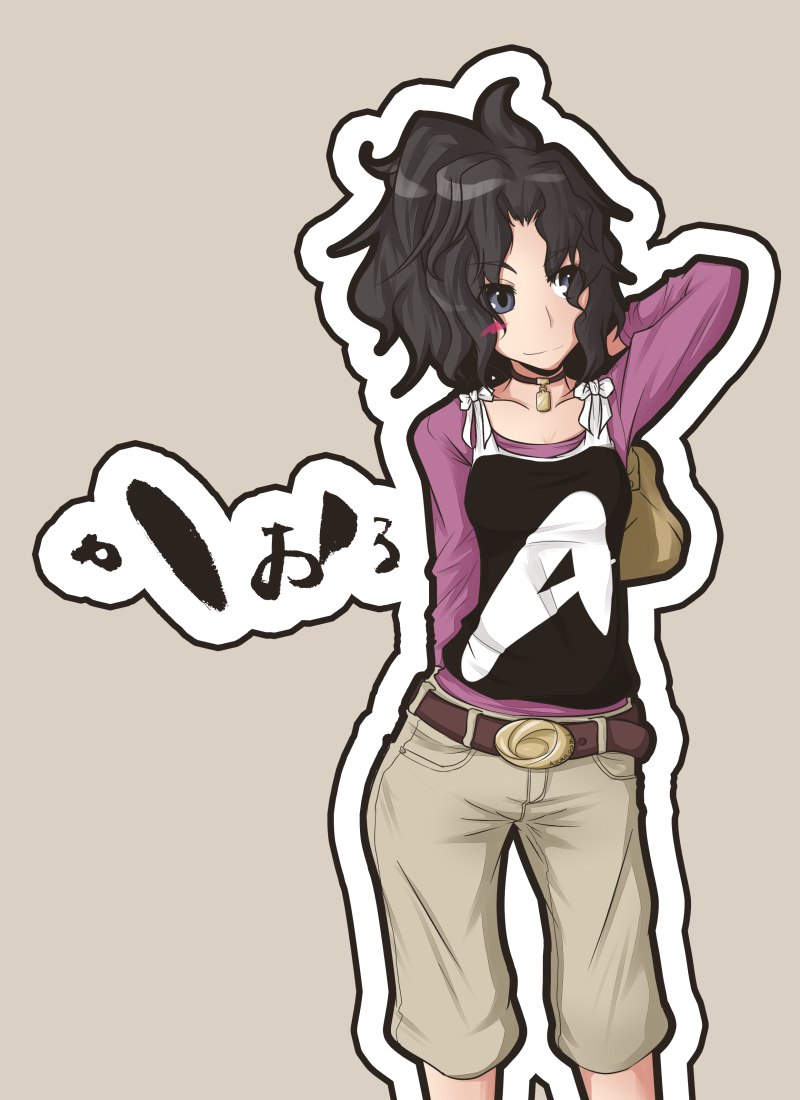 1girl, a_(phrase), alternate_costume, alternate_hairstyle, amagami, arm_up, bag, belt, black_hair, capri_pants, choker, contrapposto, female_focus, grey_eyes, guriko_(mossari), handbag, high_ponytail, light_smile, long_hair, long_shorts, looking_to_the_side, messy_hair, pants, ponytail, simple_background, solo, standing, tan_background, tanamachi_kaoru, translation_request