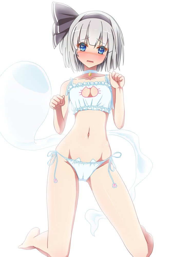 1girl, alternate_costume, avalondeduko, barefoot, bell, blue_eyes, blush, bra, breasts, cat_cutout, cat_ear_panties, cat_lingerie, cleavage_cutout, clothing_cutout, collar, collarbone, dezuko_(dezuko_no_heya), embarrassed, female_focus, green_hair, hair_ribbon, jingle_bell, kneeling, konpaku_youmu, looking_at_viewer, navel, neck_bell, panties, ribbon, side-tie_panties, simple_background, small_breasts, solo, touhou, underwear, white_background, white_bra, white_panties