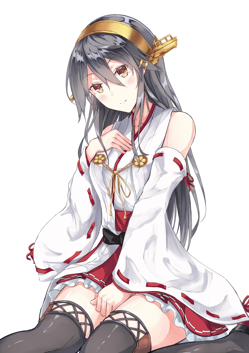 10s, 1girl, bare_shoulders, black_hair, blush, boots, brown_eyes, detached_sleeves, female_focus, hair_ornament, hairband, hairclip, haruna_(kancolle), headgear, highres, japanese_clothes, kantai_collection, long_hair, looking_at_viewer, nontraditional_miko, ogcmaster, ribbon-trimmed_sleeves, ribbon_trim, smile, solo, thigh_boots, thighhighs, zettai_ryouiki