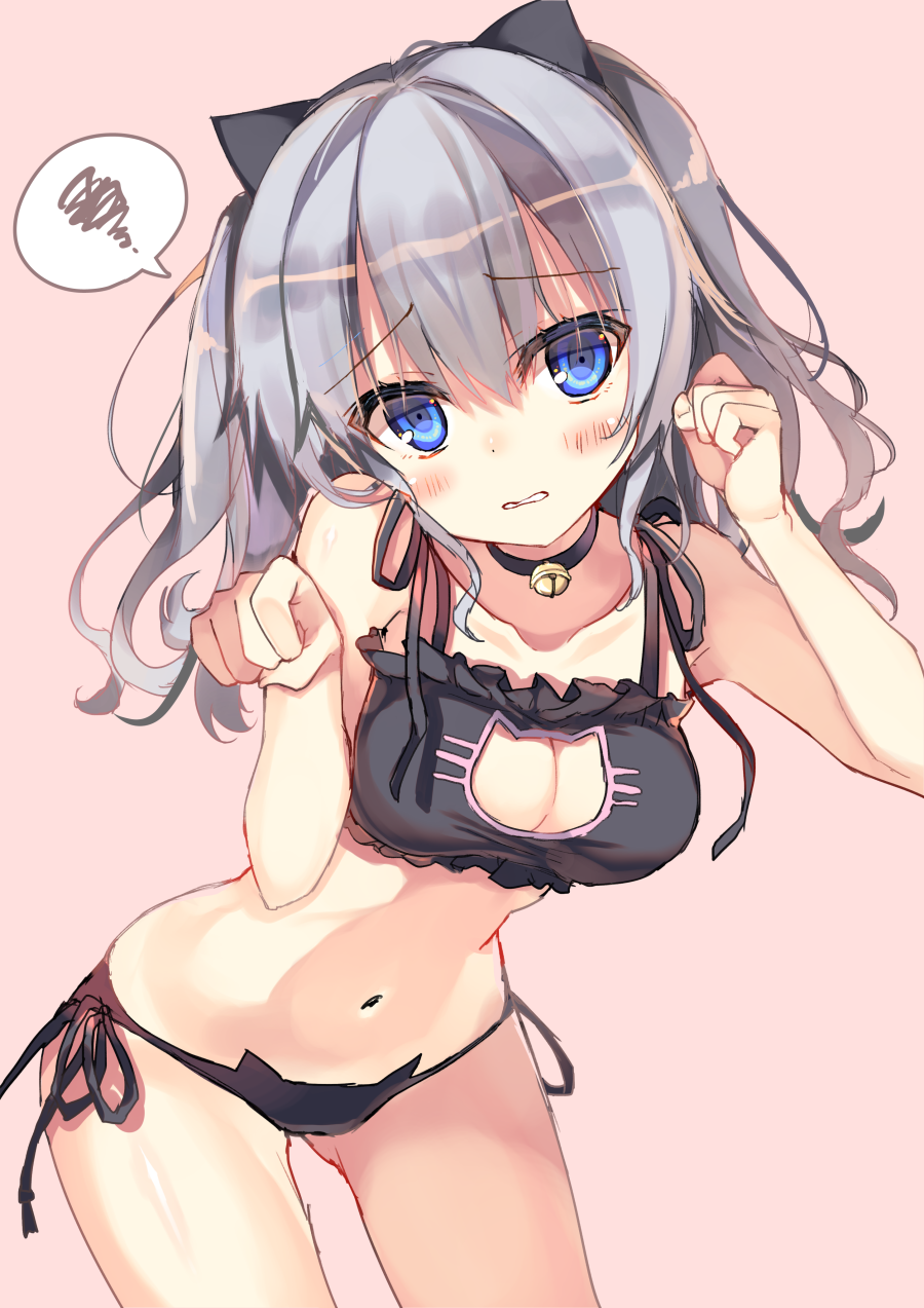 10s, 1girl, bell, blue_eyes, bra, breasts, cat_cutout, cat_ear_panties