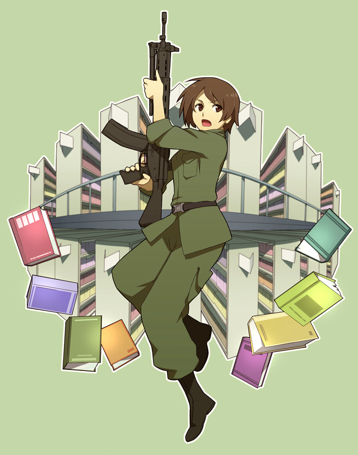 00s, 1girl, assault_rifle, bad_id, bad_pixiv_id, book, bookshelf, brown_hair