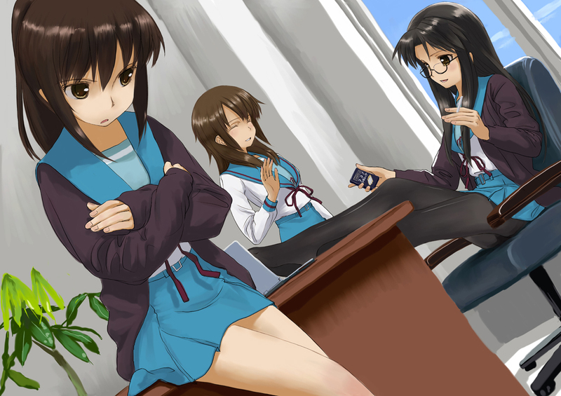 00s, 3girls, black_hair, brown_eyes, brown_hair, cardigan, cigarette, crossed_arms, dutch_angle, gender_request, genderswap, glasses, indoors, koizumi_itsuki, koizumi_itsuki_(female), kyonko, mocha, multiple_girls, no_shoes, pantyhose, ponytail, school_uniform, serafuku, snowflake_(artist), student_council_president_(female)_(suzumiya_haruhi), student_council_president_(suzumiya_haruhi), suzumiya_haruhi_no_yuuutsu