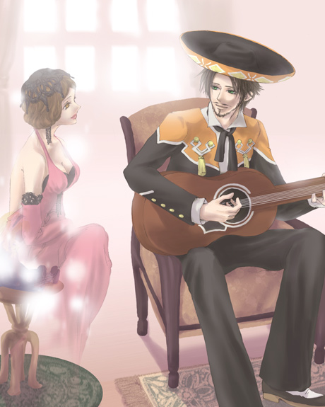 1boy, 1girl, acoustic_guitar, brown_eyes, brown_hair, edna_capone, green_eyes, guitar, hat, instrument, ricardo_gomez, shadow_hearts, shadow_hearts_from_the_new_world