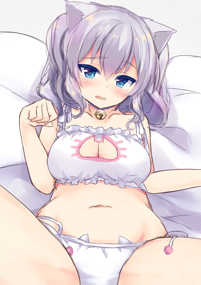 10s, 1girl, animal_ears, bell, blue_eyes, blush, breasts, cat_cutout, cat_ear_panties, cat_ears, cat_lingerie, cleavage, cleavage_cutout, clothing_cutout, female_focus, frilled_sleeves, frills, irone_(miyamiya38), jingle_bell, kantai_collection, kashima_(kancolle), large_breasts, long_hair, looking_at_viewer, lying, navel, on_back, open_mouth, panties, side-tie_panties, silver_hair, solo, syuurin, twintails, underwear, wavy_hair