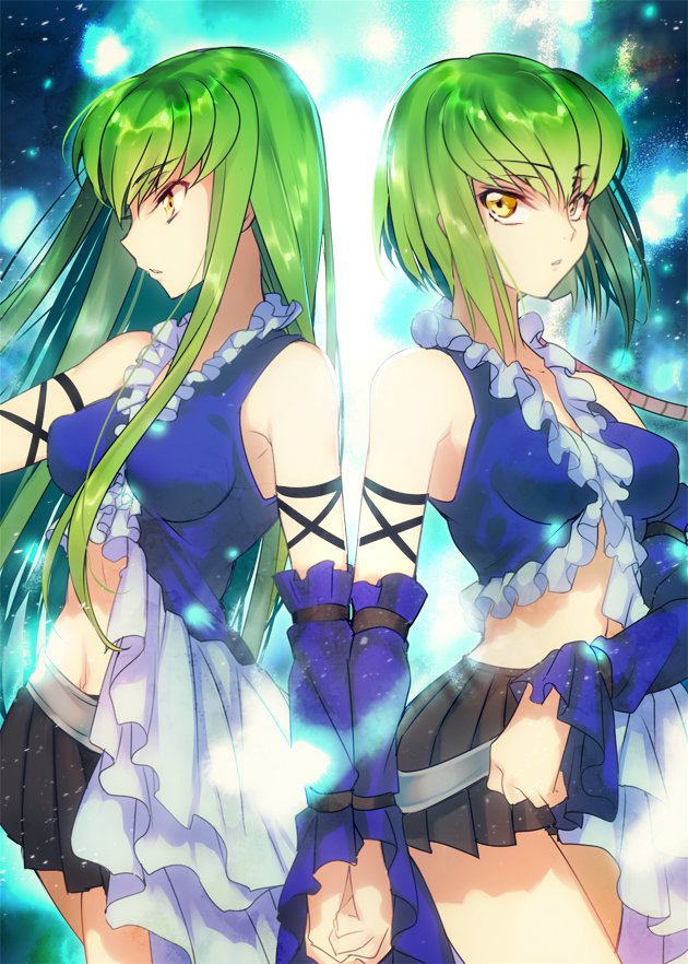 1girl, bare_shoulders, breasts, c.c., code_geass, cosplay, covered_erect_nipples, creayus, crossover, detached_sleeves, dual_persona, final_fantasy, final_fantasy_x, final_fantasy_x-2, green_hair, holding_hands, lenne_(cosplay), lenne_(ff10), long_hair, looking_at_viewer, midriff, navel, pleated_skirt, short_hair, skirt, yellow_eyes, yuna_(cosplay), yuna_(ff10), yuna_(ff10)_(cosplay)