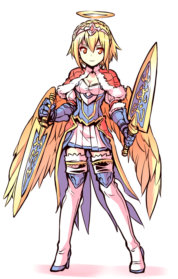 1girl, angel_wings, armor, blonde_hair, boots, breasts, capelet, cleavage, dual_wielding, female_focus, fur_trim, gauntlets, halo, holding, kato_takuji, medium_breasts, orange_eyes, pleated_skirt, puzzle_&amp;_dragons, reverse_grip, rozuel_(p&amp;d), short_hair, simple_background, skirt, solo, standing, sword, thigh_boots, thighhighs, tiara, weapon, white_background, white_boots, white_thighhighs, wings, zettai_ryouiki