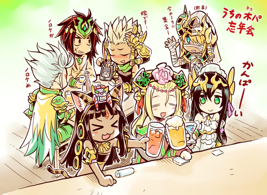 >_<, 3girls, 4boys, =_=, alcohol, ancient_egyptian, animal_ears, armlet