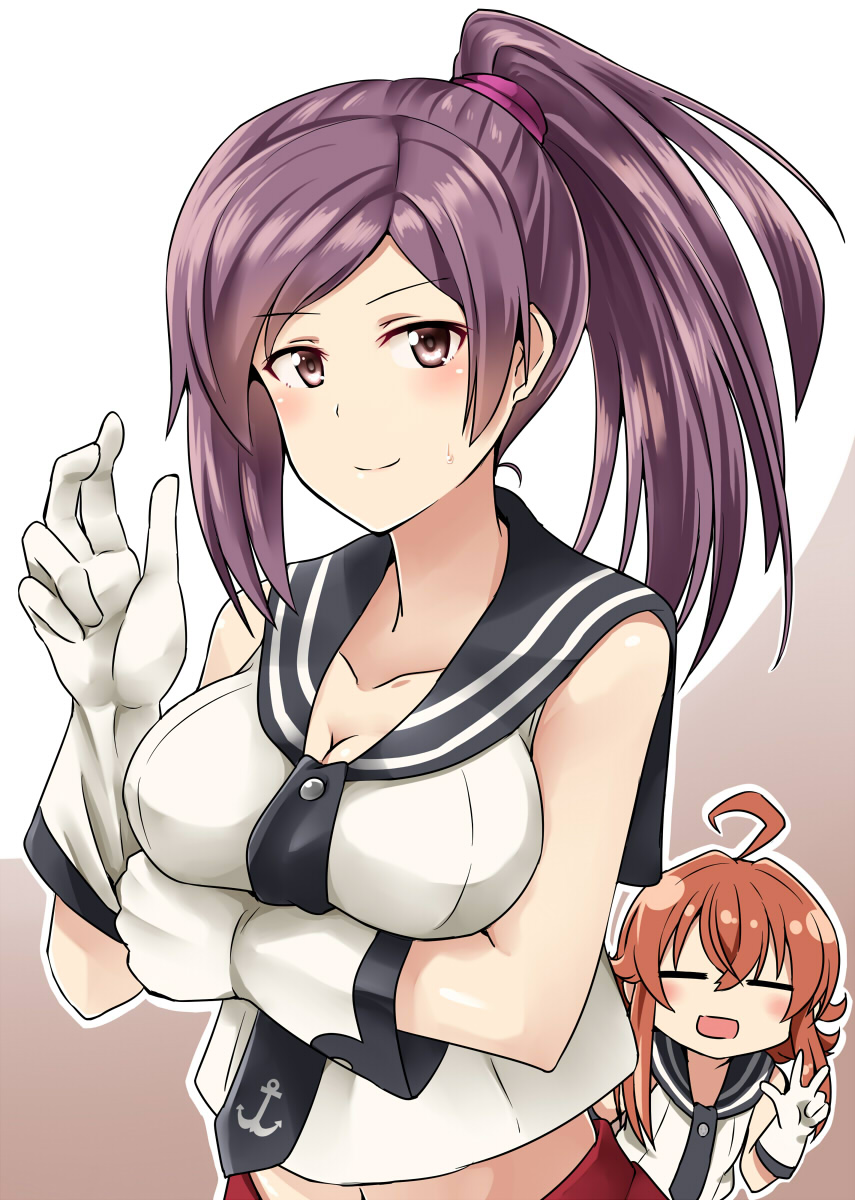 2girls, adjusting_clothes, adjusting_gloves, ahoge, alternate_costume, alternate_hairstyle, arashi_(kancolle), bare_shoulders