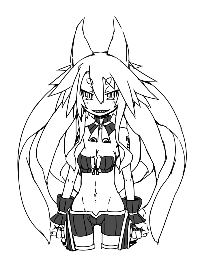 1girl, animal_ears, female_focus, long_hair, majo_to_hyakkihei, metallica_(majo_to_hyakkihei), monochrome, nippon_ichi